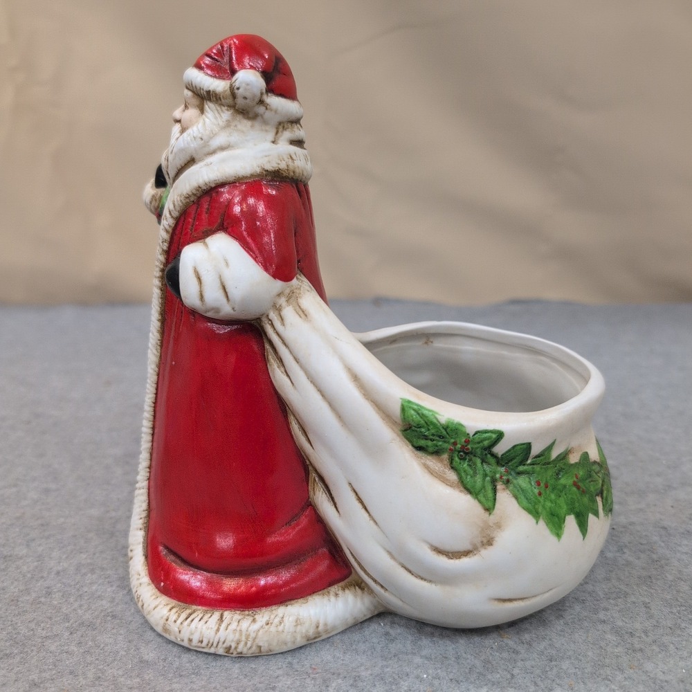 Claire Burke 1991 Ceramic Santa Claus Planter Candy Dish Red Green Holly - Picture 6 of 7